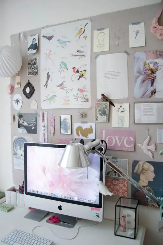 large grey inspiration board with pictures of birds and a mac computer