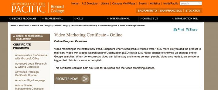 University of the Pacific Video Marketing Certificate Screenshot Image