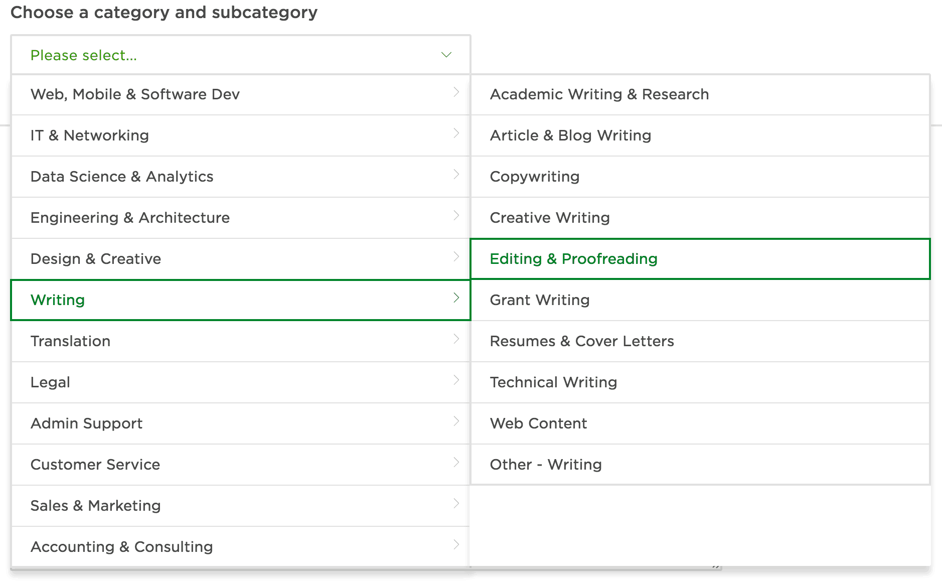 Choosing a Job Category on Upwork for Editing Work