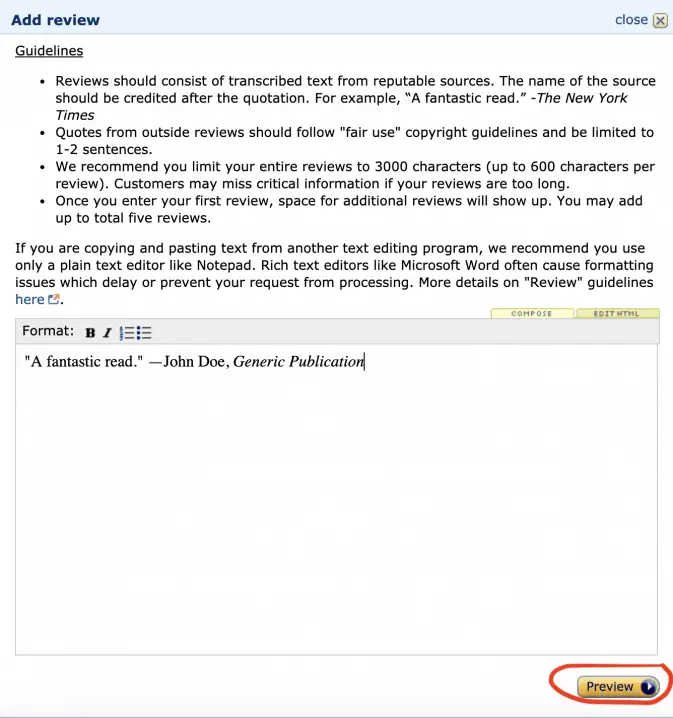 entering an amazon editorial review image