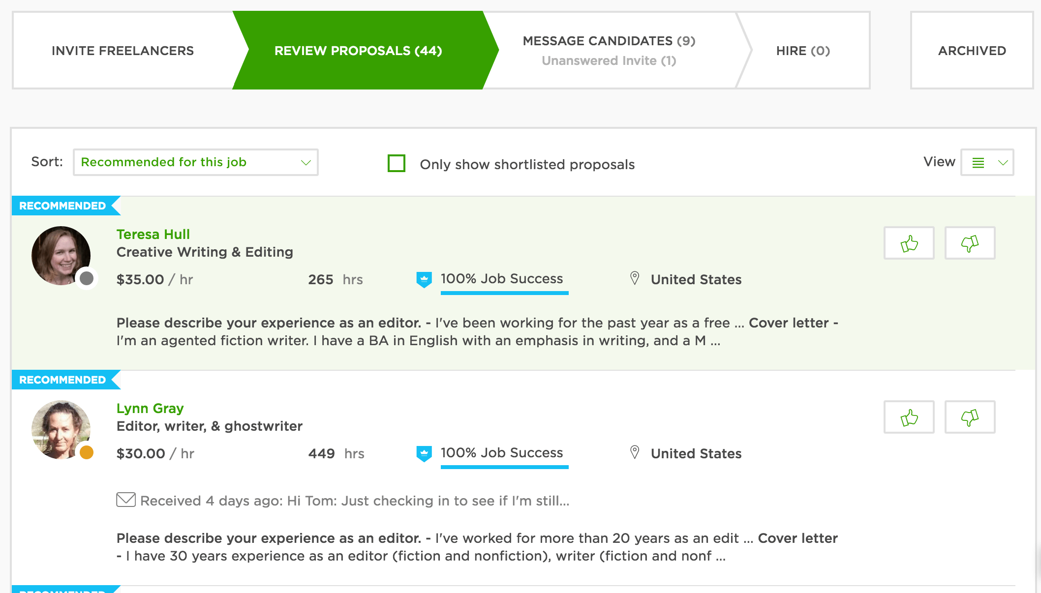 Reviewing Editing Proposals on Upwork