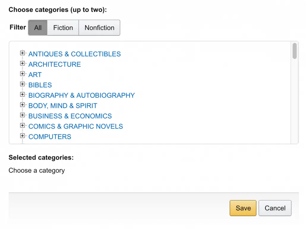 Selecting Kindle bestseller categories on Amazon