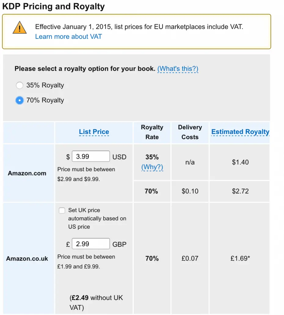 Pricing for Self Published Kindle eBook in KDP