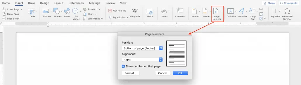 Insert page numbers in Word