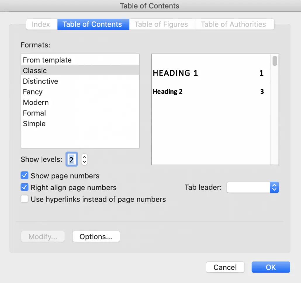 Table of Contents dialog in Word