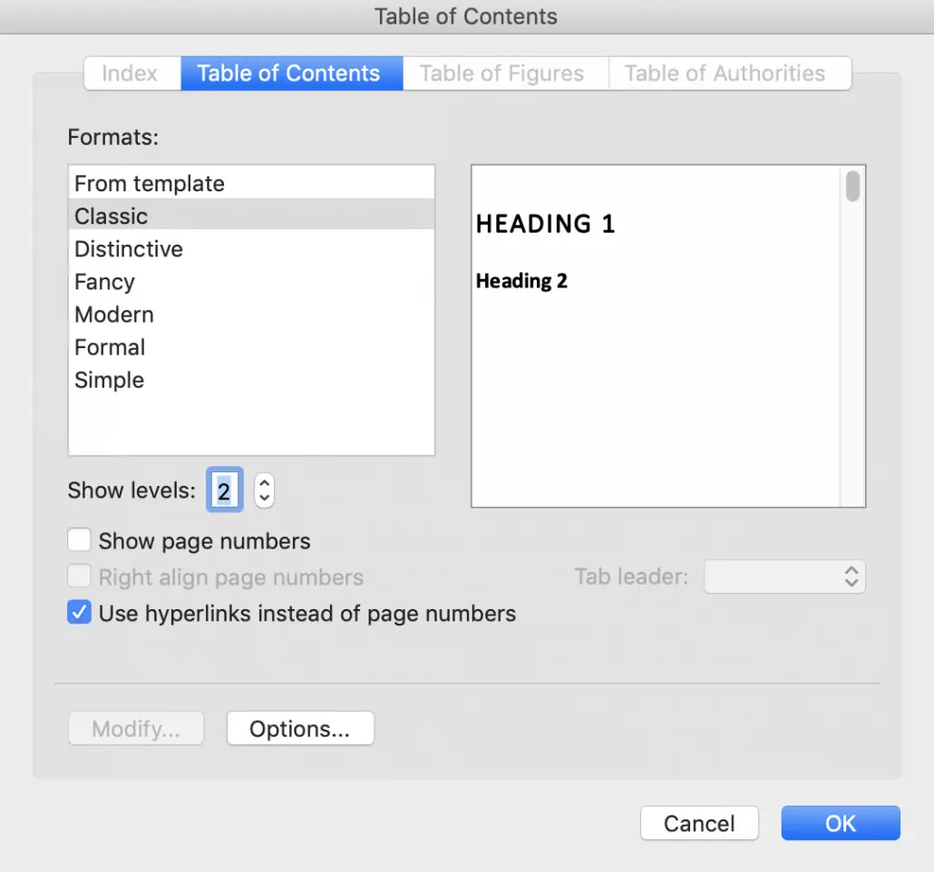 Table of Contents dialog for ebook